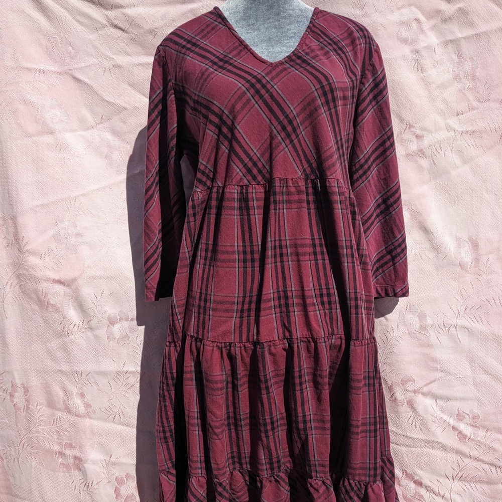 Vermont Country Store Dress M Plaid Tiered Cotton Midi Cottagecore Modest V Neck - Picture 9 of 16
